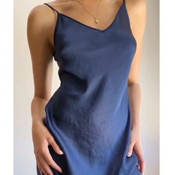 Aritzia Wilfred Only Satin Midi Slip Dress Navy Blue Size Medium - Picture 2 of 7